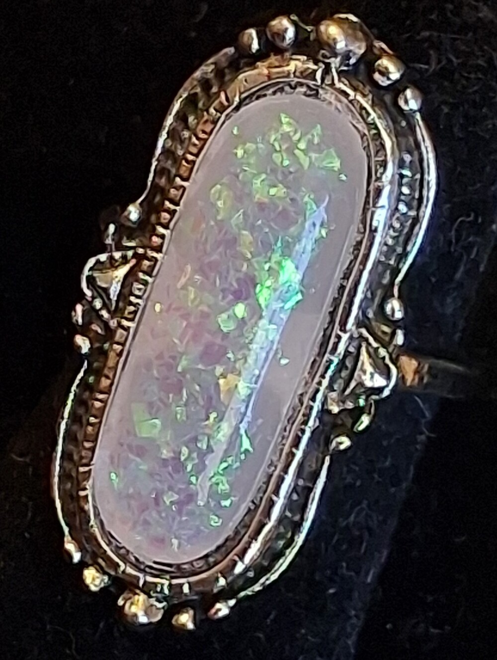 Silvertone Faux Opal-Inlay Oval Statement Ring - Pink/Green Fire Size 6